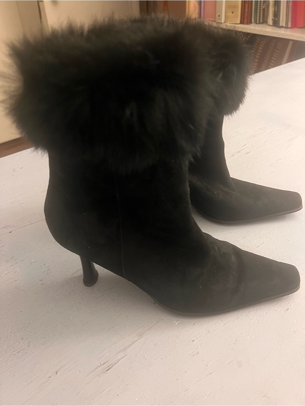 Valerie Stevens Black Suede Faux-Fur Trim Ankle Boots